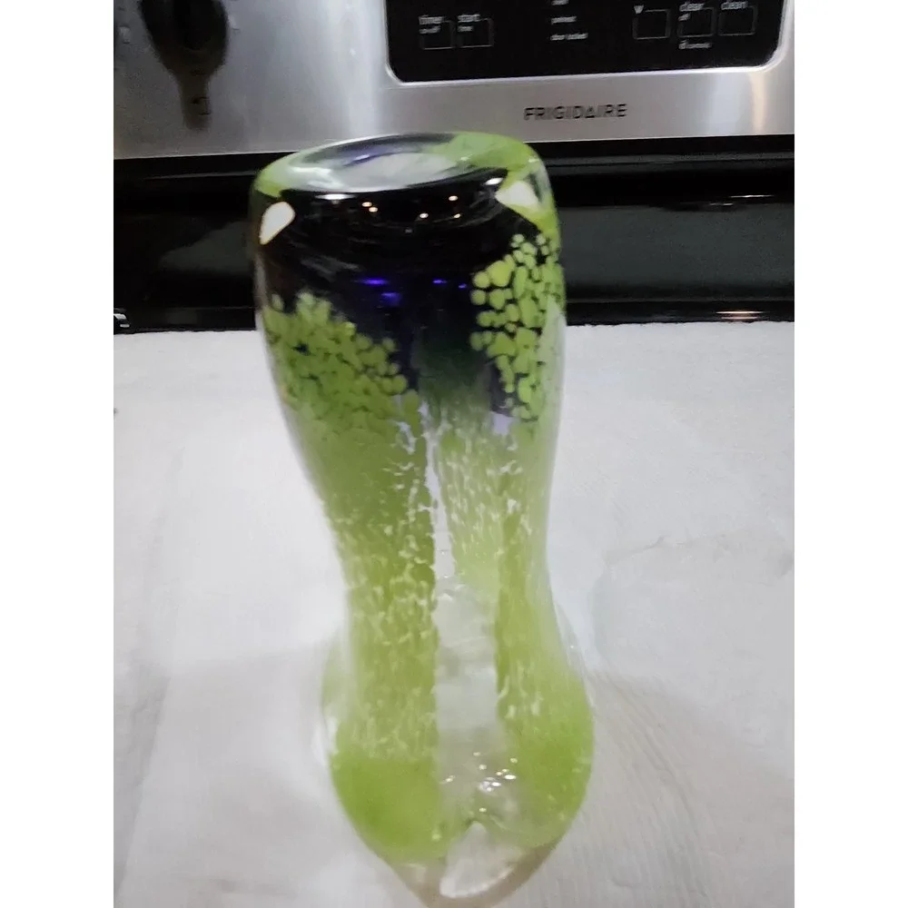 VTG~Murrhina Spatter~Lime Green/Purple~Art Glass Vase~Flared Lip~Hand Blown~8